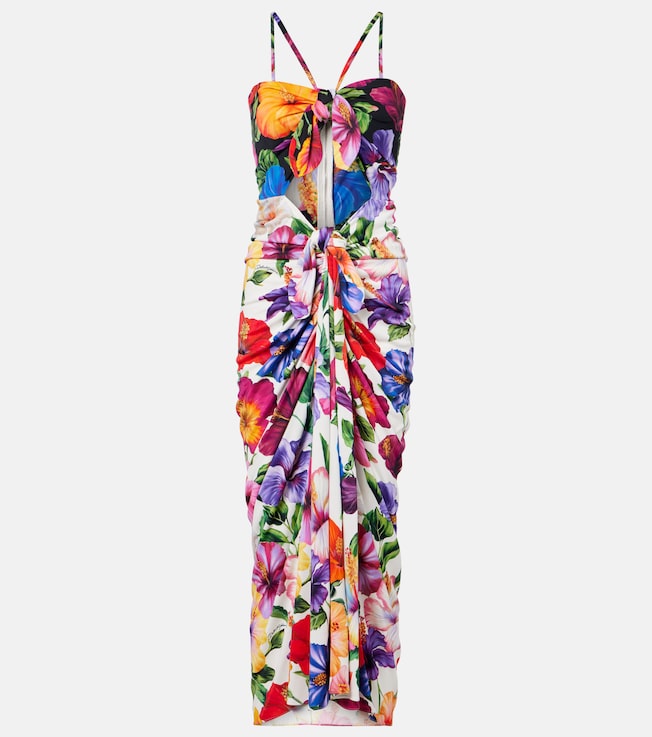 Cutout floral gathered midi dress