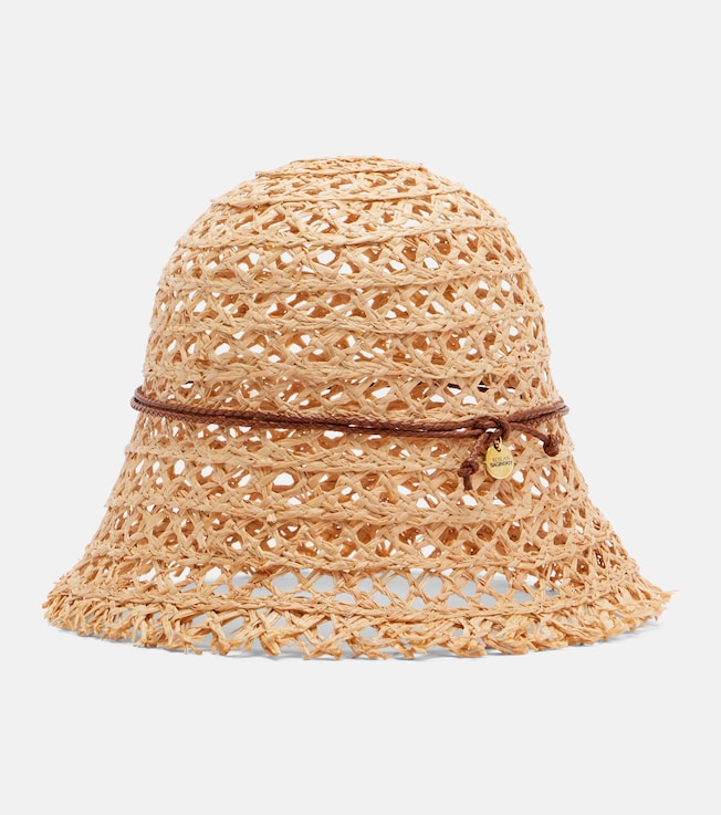 Leather-trimmed straw bucket hat