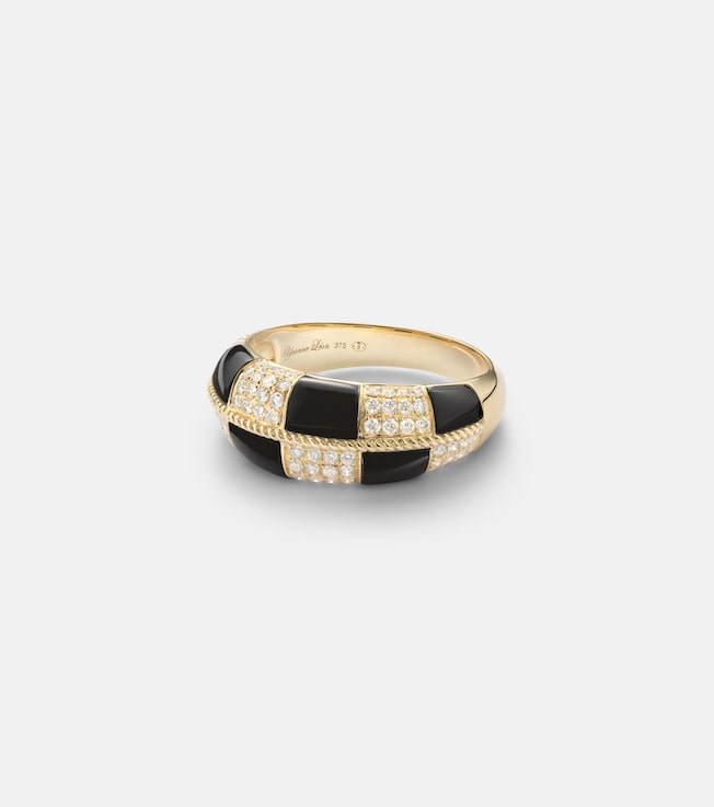 Alliance Damier 9kt gold ring with diamonds and onyx
