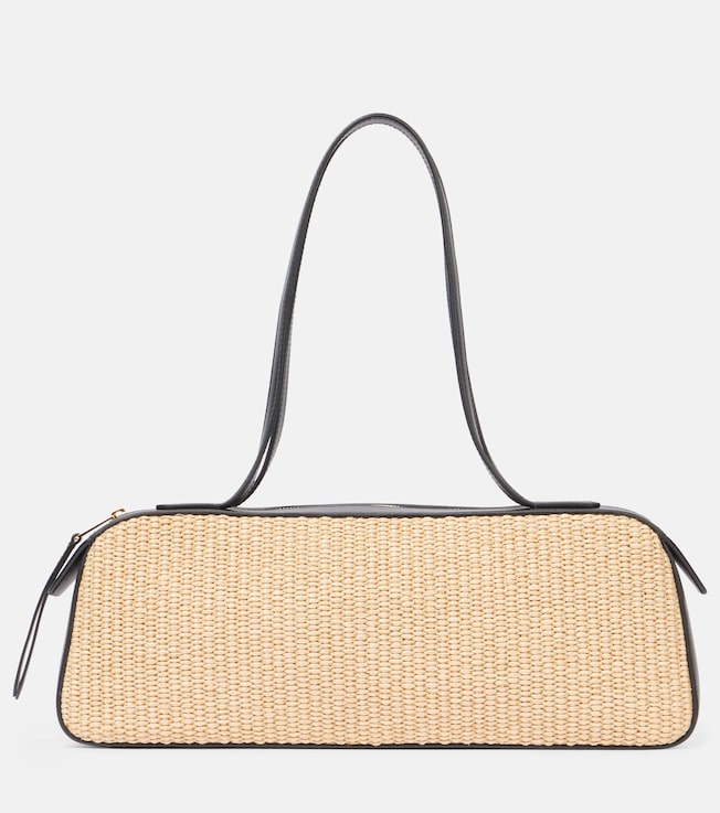 Simona leather-trimmed raffia shoulder bag