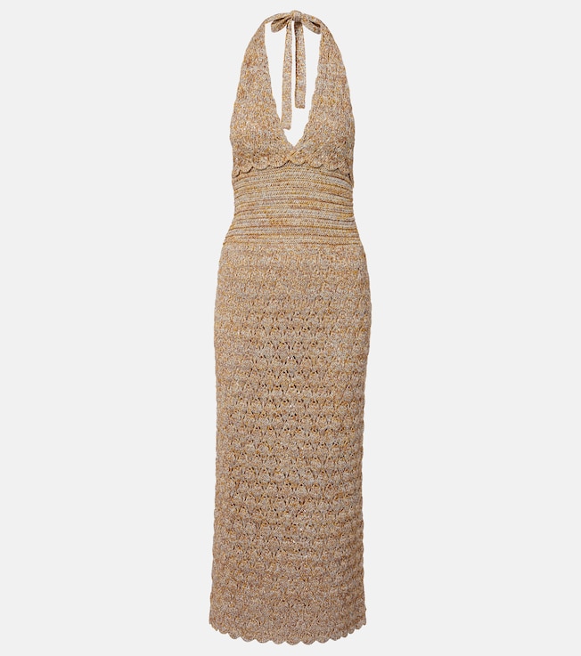 Open-knit linen-blend lamé midi dress