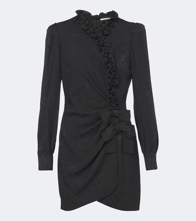 Bow-detail ruffled silk moiré minidress