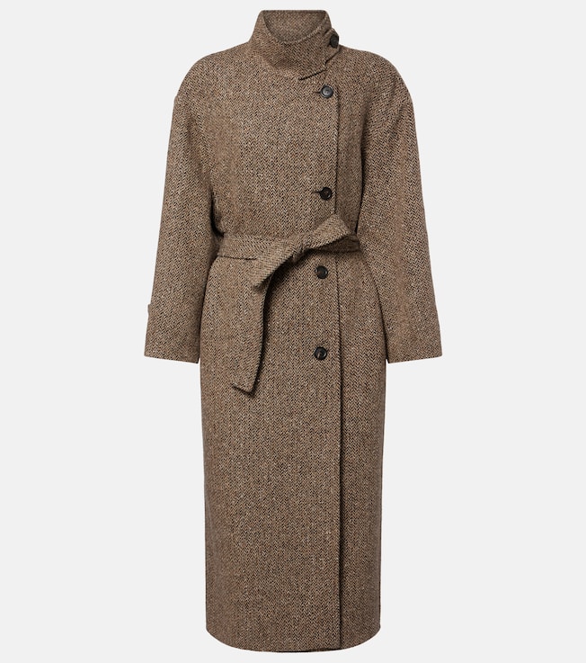 Belted herringbone wool-blend coat