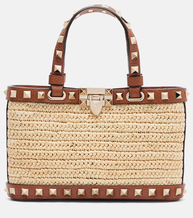 Rockstud Mini raffia tote bag