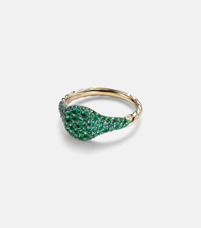 Petite Pavé 18kt gold pinky ring with emeralds