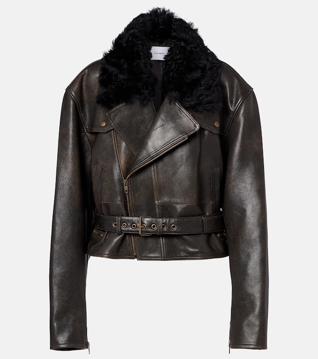 Shearling-trimmed cropped leather biker jacket