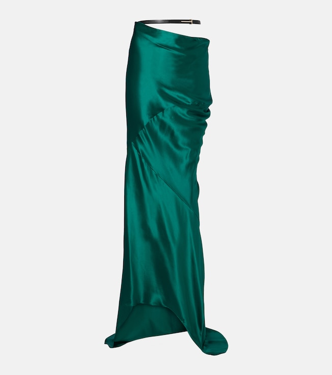 Belted silk satin maxi skirt