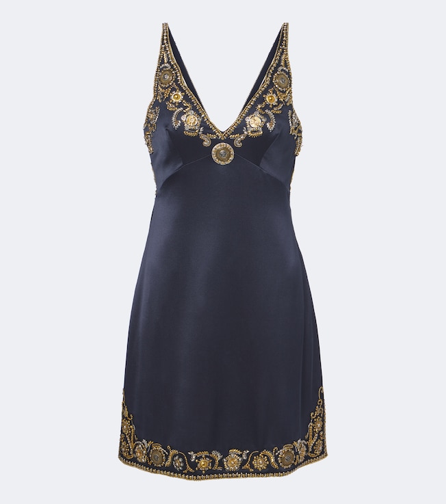Medusa embellished silk cady satin minidress