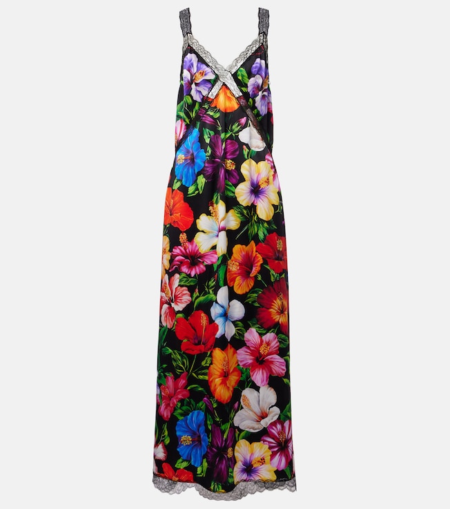 Lace-trimmed floral silk-blend maxi dress