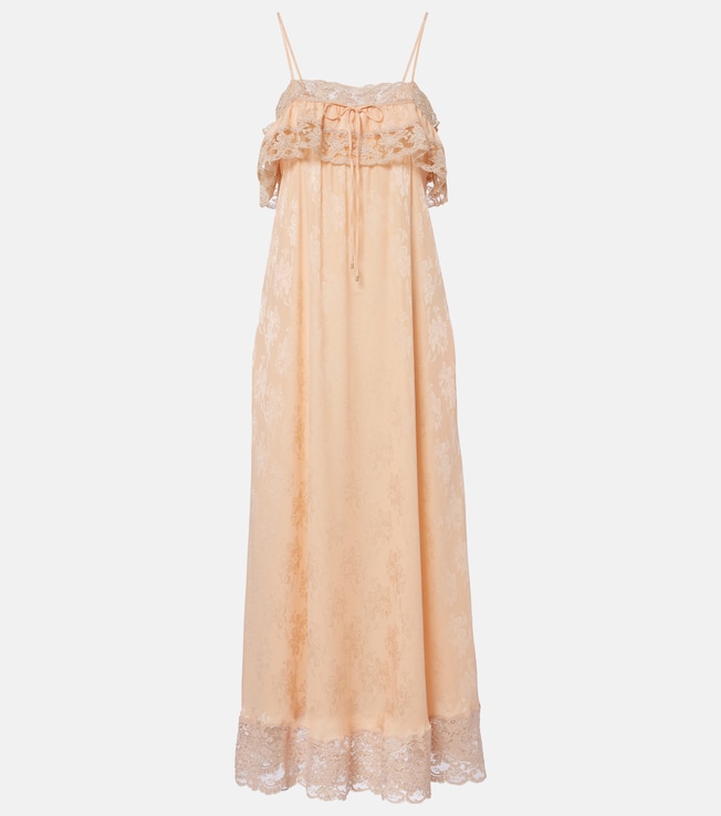 Lace-trimmed silk jacquard midi dress