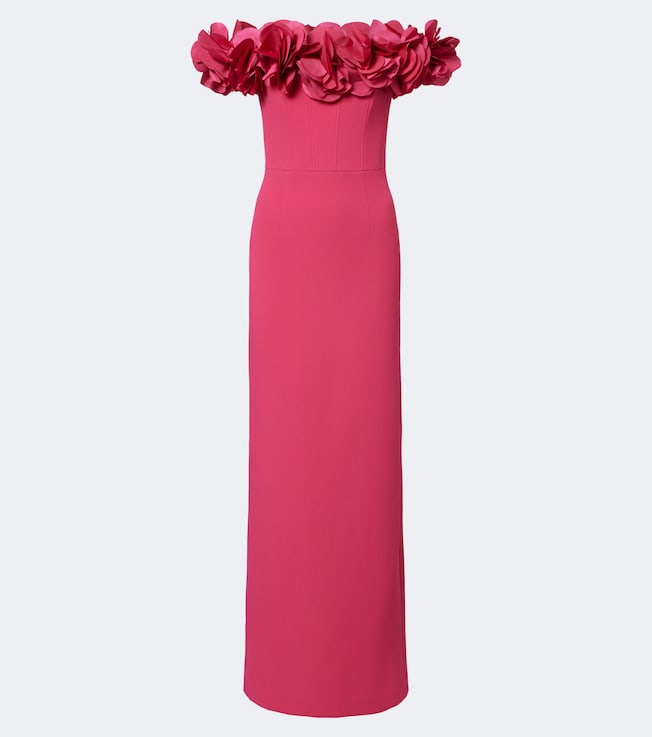 Odetta floral-appliqué off-shoulder crêpe gown