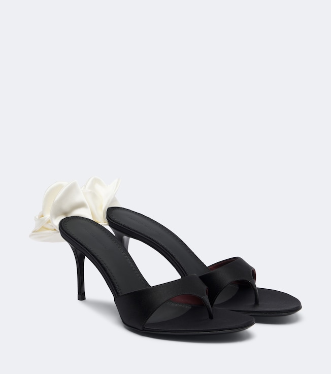 Floral-appliqué satin thong sandals