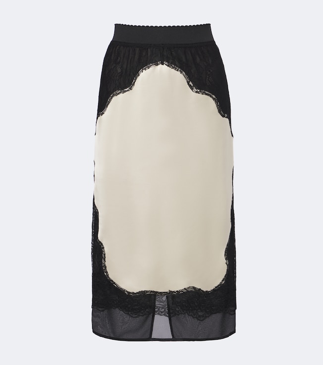 Lace-trimmed satin midi skirt