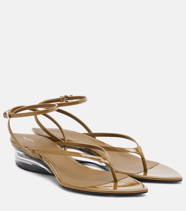 Invisible patent leather wedge thong sandals