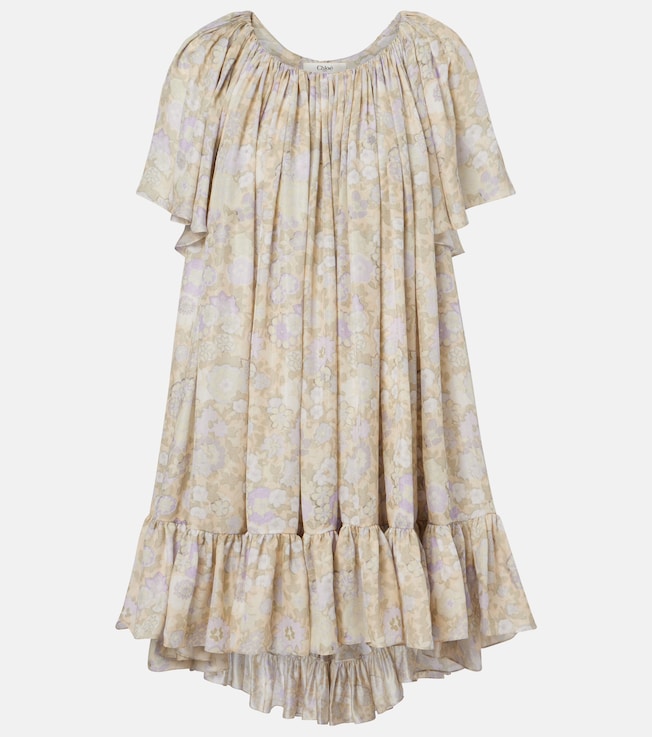 Floral ruffled silk charmeuse minidress