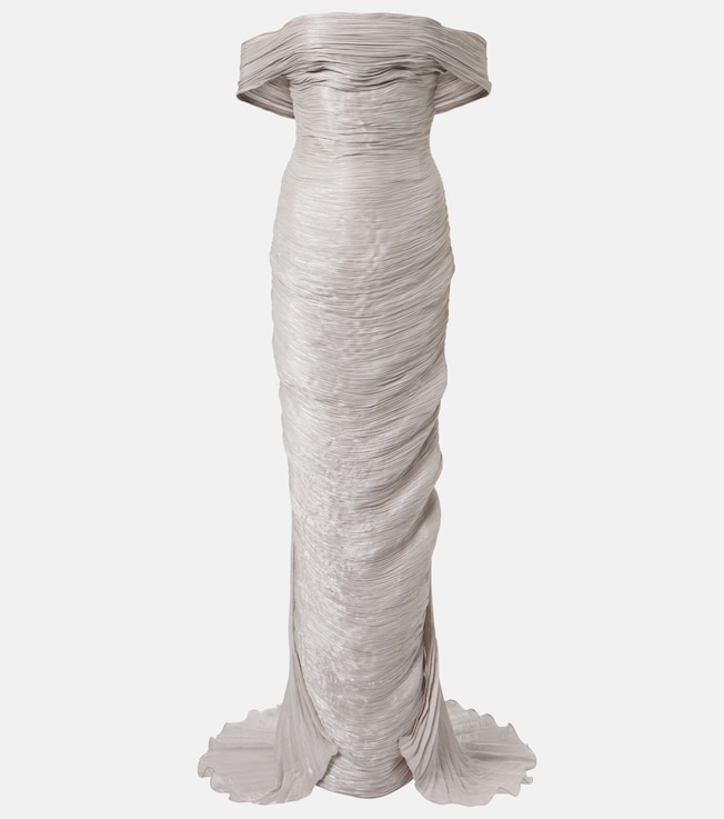 Off-shoulder pleated bustier gown