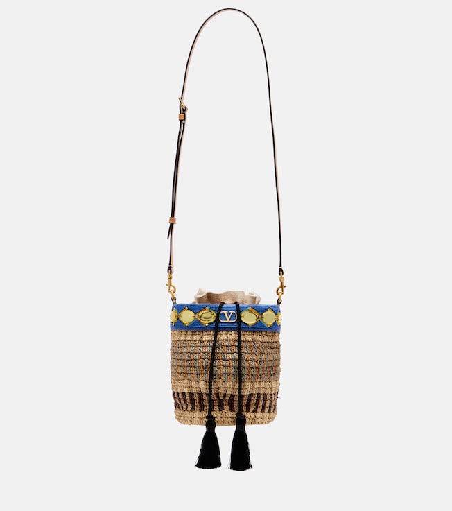 VLogo Small embellished raffia-effect bucket bag