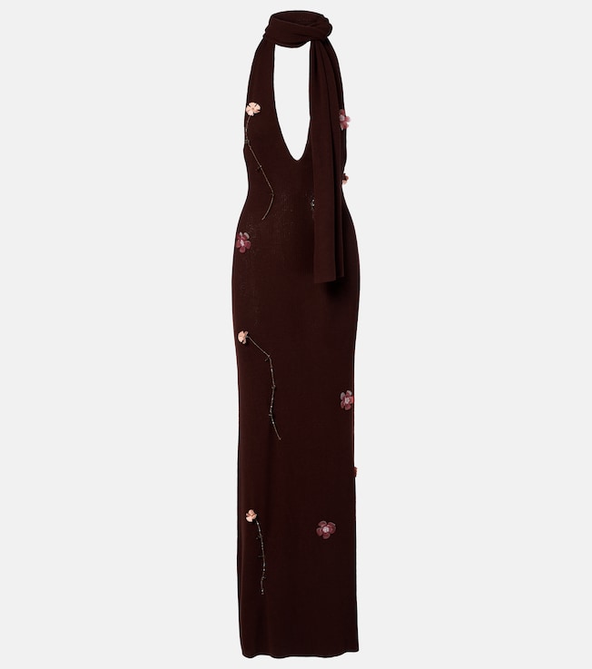 Stem floral-appliqué knitted maxi dress