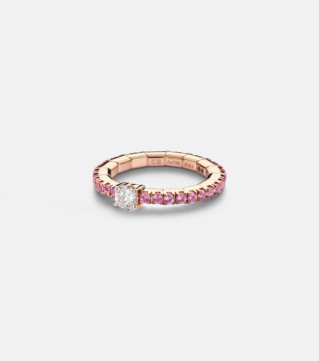 Stretchy 18kt rose gold ring with diamond and sapphires