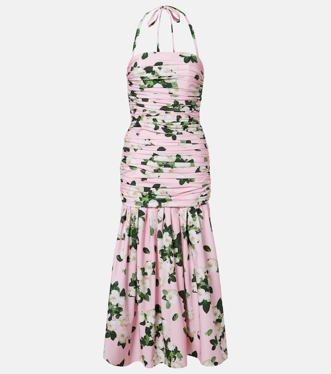 Floral ruched cotton-blend midi dress