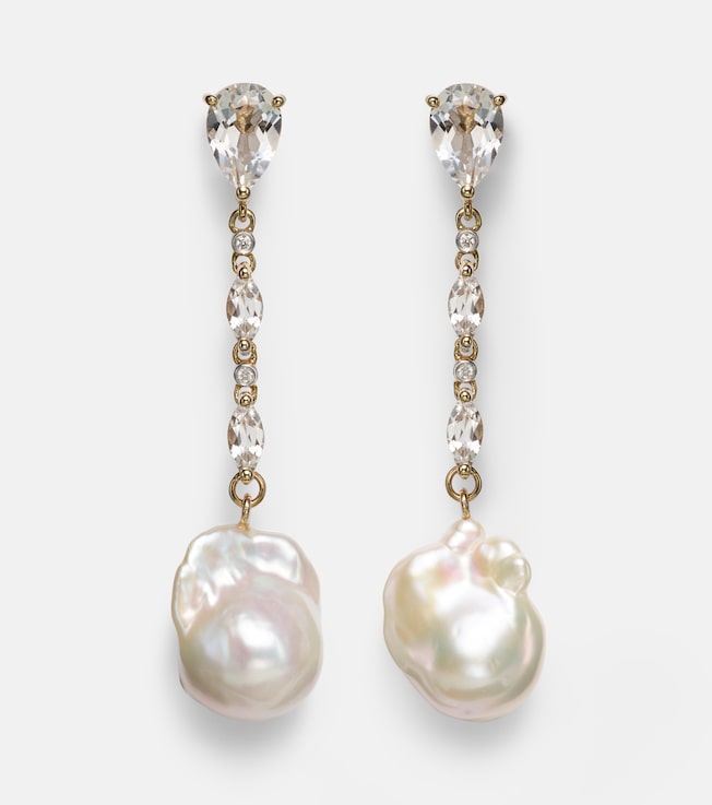 14kt gold earrings with pearls, diamonds, and topaz