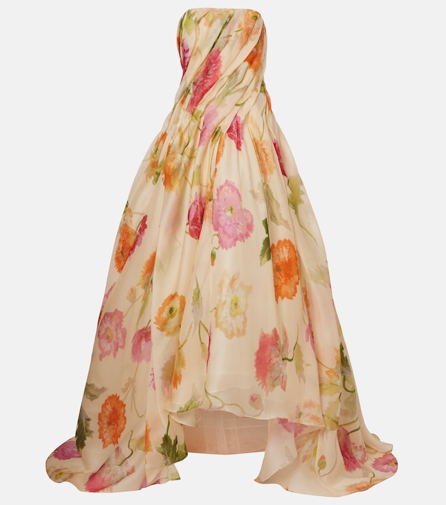 Floral silk crêpe organza bustier gown