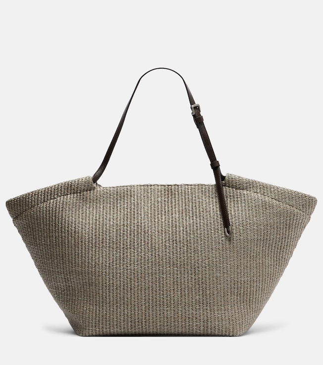 Leather-trimmed raffia tote bag