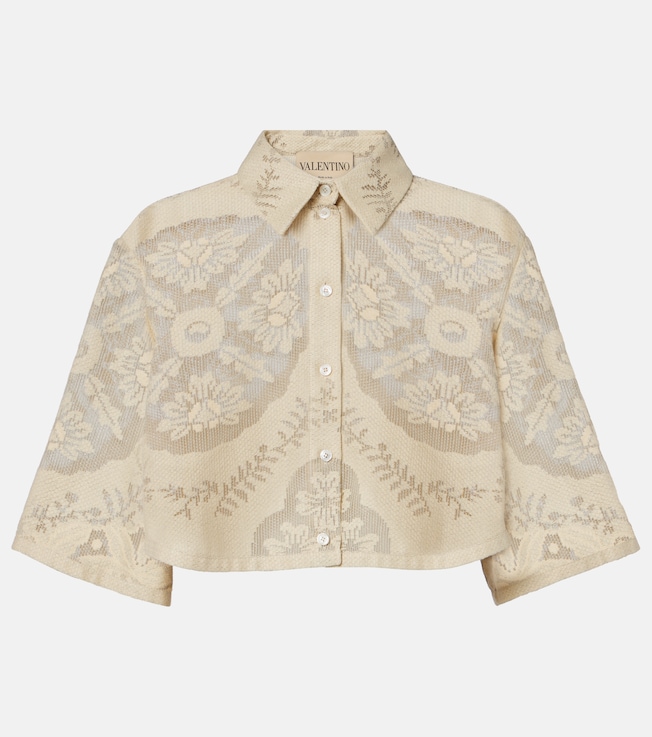 Floral cropped cotton-blend shirt