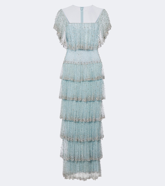 Crystal-embellished tiered tulle gown