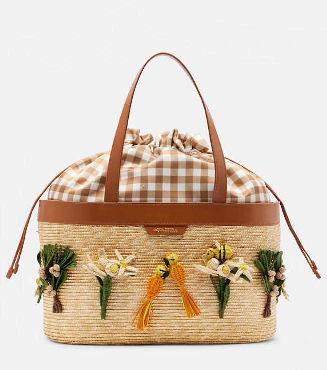 Birdsong appliqué raffia tote bag