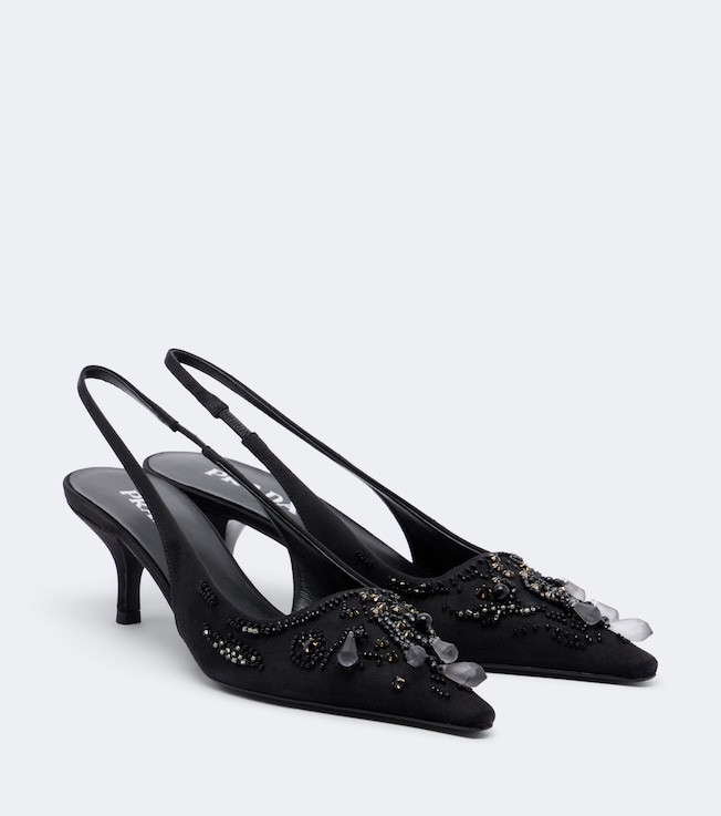 Embellished satin slingback pumps