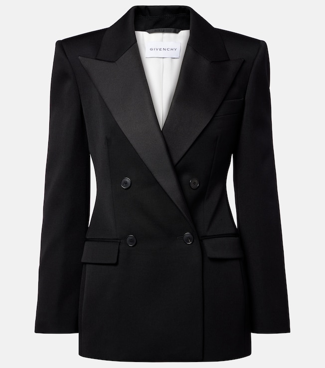 Double-breasted satin-trimmed wool blazer