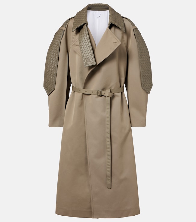 Intrecciato leather-trimmed trench coat
