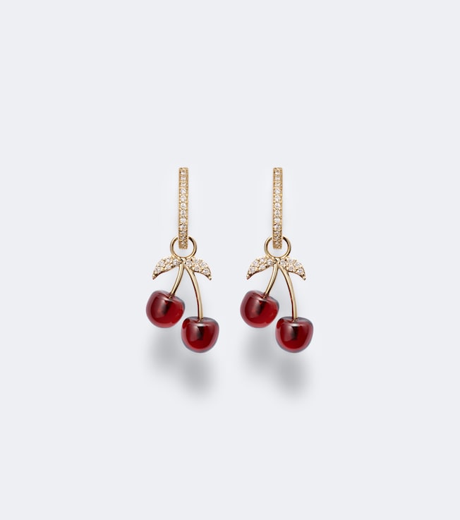 Cherry 14kt gold hoop earrings with garnets and diamonds