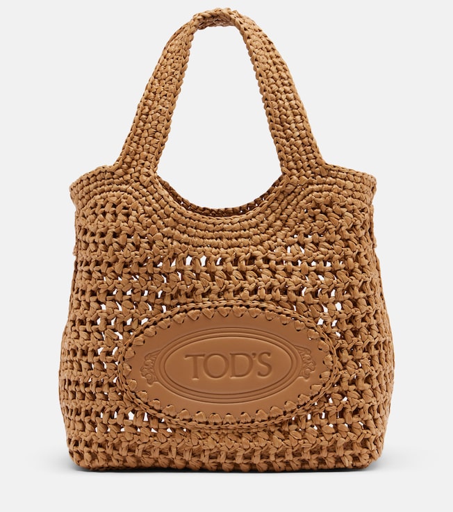Logo leather-trimmed raffia top-handle bag