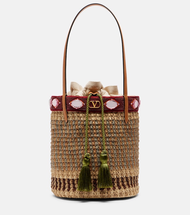 VLogo Large embellished raffia bucket bag