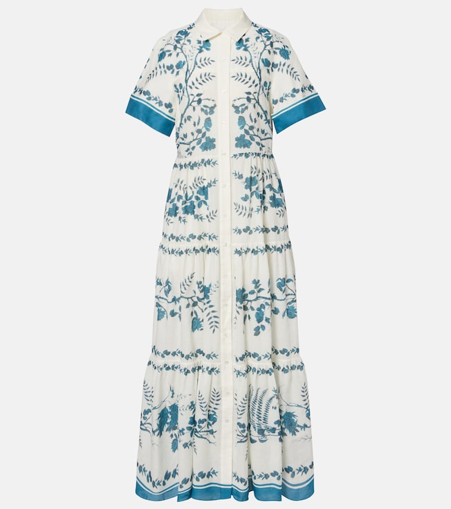 Floral cotton and linen tiered shirt dress