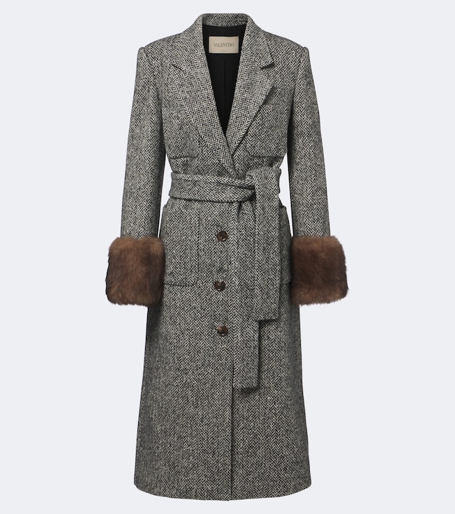 Herringbone shearling-trimmed wool-blend coat