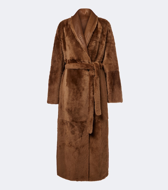 Reversible shearling and leather wrap coat