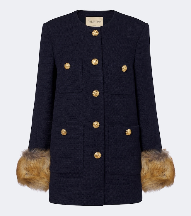 Shearling-trimmed wool-blend tweed jacket