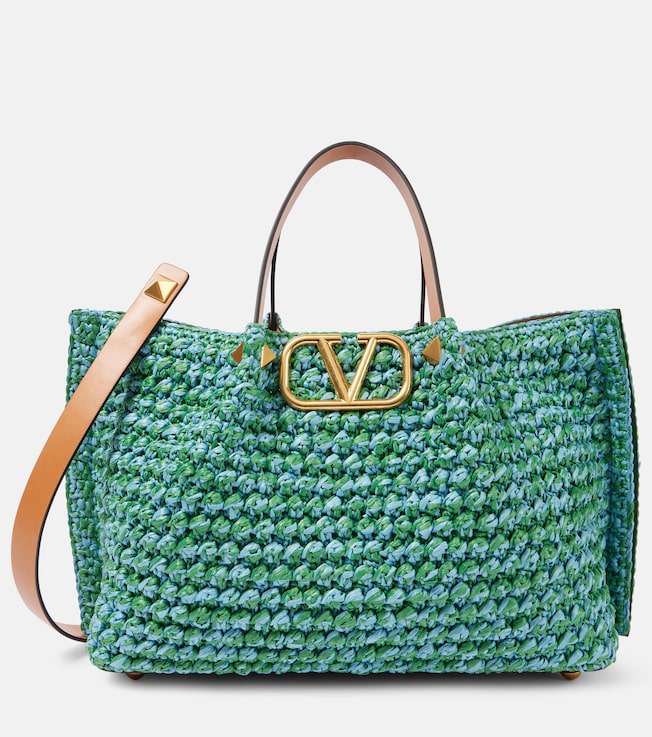 VLogo Medium raffia-effect tote bag