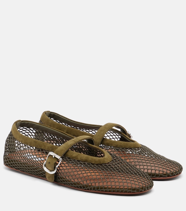 Suede-trimmed fishnet ballet flats