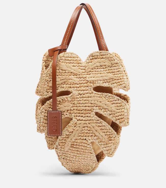 Palm leather-trimmed raffia top-handle bag