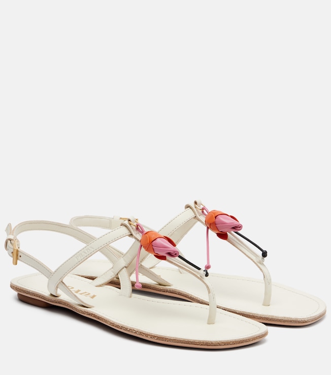 Floral-appliqué leather thong sandals