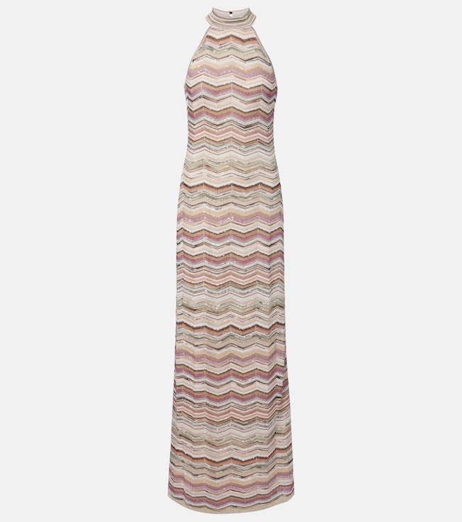 Zigzag halterneck sequined lamé maxi dress