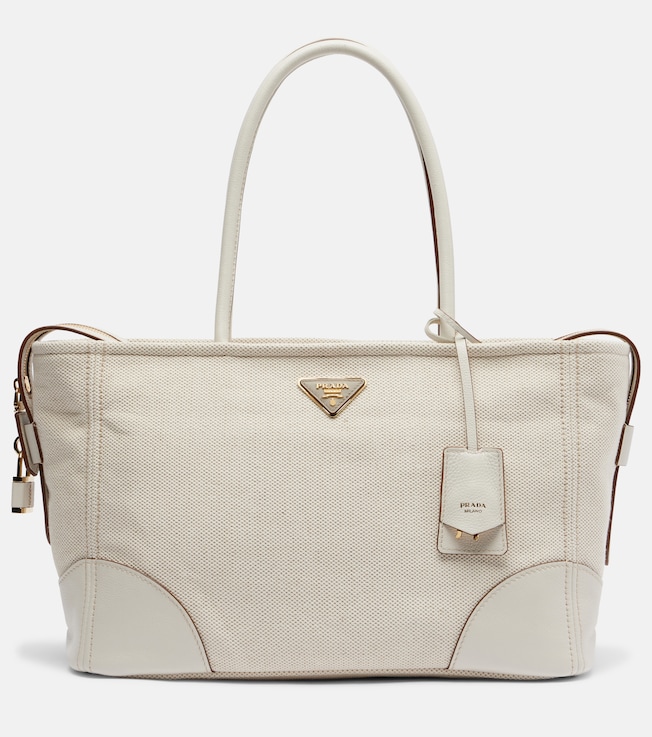 Large leather-trimmed canvas tote bag