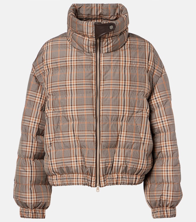 Checked leather-trimmed down jacket
