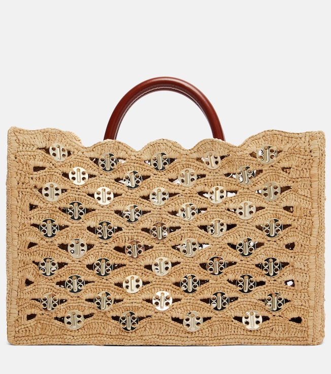 1969 embellished raffia tote bag