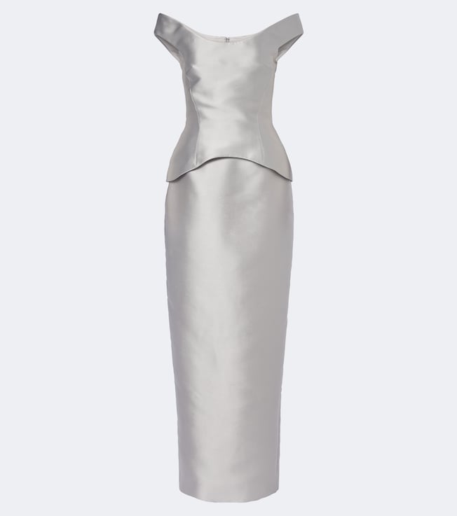 Pieta off-shoulder peplum satin gown