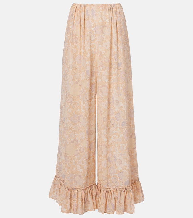 Floral ruffled silk wide-leg pants